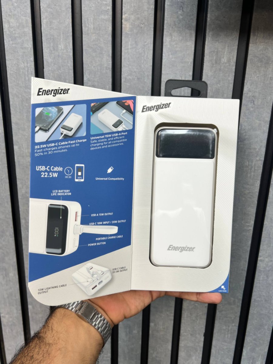 خرید پاوربانک انرجایزر Energizer مدل شارژ سریع 22.5W با کابل داخلی USB-C و لایتنینگ و نمایشگر LCD - سفید (گارانتی 18 ماهه متین) - Energizer